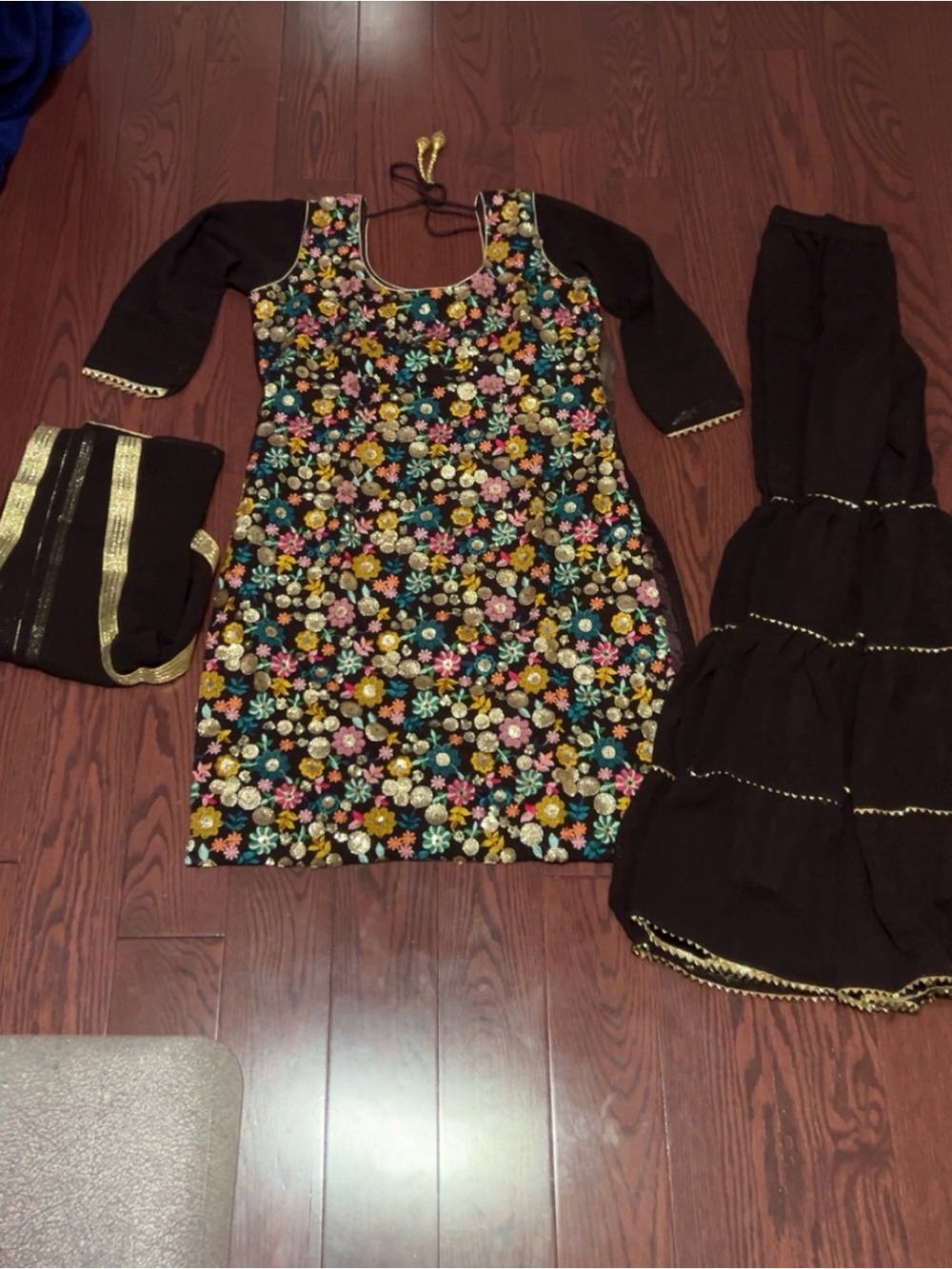 Brown Floral Embroidered Suit with Gold Trim